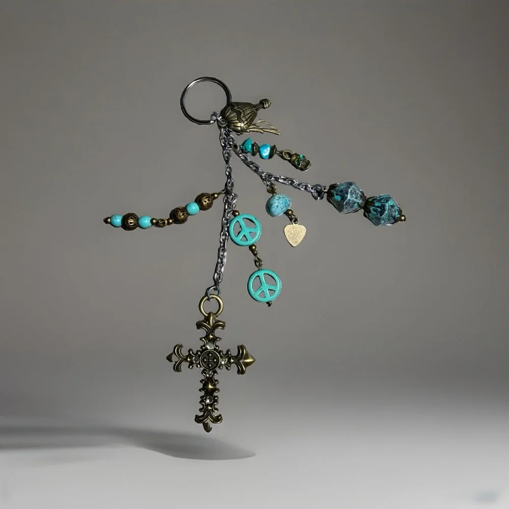 Vintage Cross Jade Patina Charm Keychain Peace Heart Bird Religious Accessory